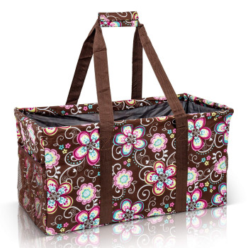 Lucazzi Extra Large Utility Tote Bag - Oversized Collapsible Reusable Wire Frame Rectangular Canvas Basket With Two Exterior Pockets For Beach, Pool, Laundry, Car Trunk, Storage - Brown Daisy