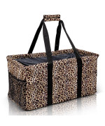Lucazzi Extra Large Utility Tote Bag - Oversized Collapsible Reusable Wire Frame Rectangular Canvas Basket With Two Exterior Pockets For Beach, Pool, Laundry, Car Trunk, Storage - Leopard