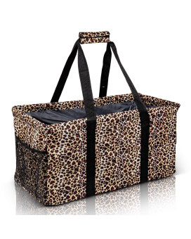 Lucazzi Extra Large Utility Tote Bag - Oversized Collapsible Reusable Wire Frame Rectangular Canvas Basket With Two Exterior Pockets For Beach, Pool, Laundry, Car Trunk, Storage - Leopard