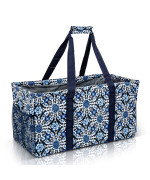 Extra Large Utility Tote Bag - Oversized Collapsible Reusable Wire Frame Rectangular Canvas Basket With Two Exterior Pockets For Beach, Pool, Laundry, Car Trunk, Storage - Blue Snowflake