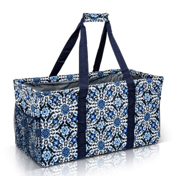 Extra Large Utility Tote Bag - Oversized Collapsible Reusable Wire Frame Rectangular Canvas Basket With Two Exterior Pockets For Beach, Pool, Laundry, Car Trunk, Storage - Blue Snowflake