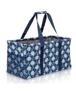 Lucazzi Extra Large Utility Tote Bag - Oversized Collapsible Reusable Wire Frame Rectangular Canvas Basket With Two Exterior Pockets For Beach, Pool, Laundry, Car Trunk, Storage - Navy Sunflower