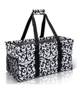 Lucazzi Extra Large Utility Tote Bag - Oversized Collapsible Reusable Wire Frame Rectangular Canvas Basket With Two Exterior Pockets For Beach, Pool, Laundry, Car Trunk, Storage - Damask Black