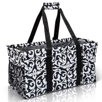 Lucazzi Extra Large Utility Tote Bag - Oversized Collapsible Reusable Wire Frame Rectangular Canvas Basket With Two Exterior Pockets For Beach, Pool, Laundry, Car Trunk, Storage - Damask Black