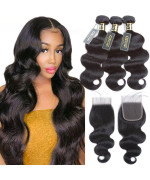 Qthair 12A Brazilian Body Wave With Closure(16 18 20 With 14) 100 Unprocessed Brazilian Virgin Body Wave Hair Weave With 4X4 Swiss Lace Closure