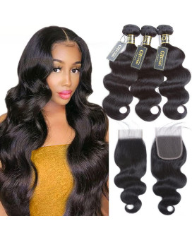 Qthair 12A Brazilian Body Wave With Closure(16 18 20 With 14) 100 Unprocessed Brazilian Virgin Body Wave Hair Weave With 4X4 Swiss Lace Closure