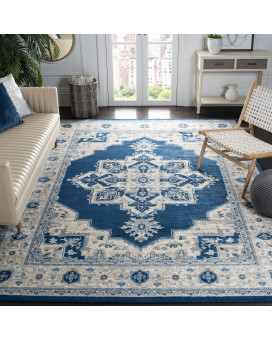 Safavieh Brentwood Collection 53 X 76 Navy Cream Bnt865N Medallion Distressed Non-Shedding Living Room Bedroom Dining Home Office Area Rug