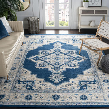 Safavieh Brentwood Collection 53 X 76 Navy Cream Bnt865N Medallion Distressed Non-Shedding Living Room Bedroom Dining Home Office Area Rug