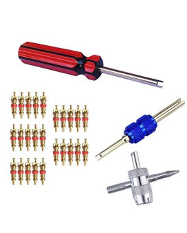 Febrytold 3 Pcs Tire Valve Core Remover Tools With 25 Pcs Brass Valve Stem Cores, 4-Way Valve Stem Core Tool, Dual & Single Head Tire Valve Core Remover Installer Tools