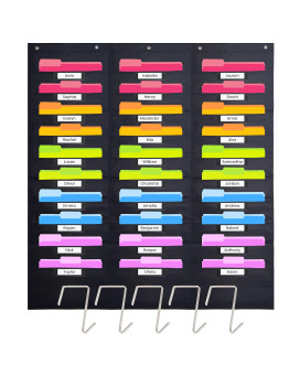 Heavy Duty Storage Pocket Chart For Classroom With 30 Nametag Pockets, 5 Overdoor Hangers Included, Hanging Wall File Organizer For File Folders, Assignments, Files, Scrapbook Papers More (Black)