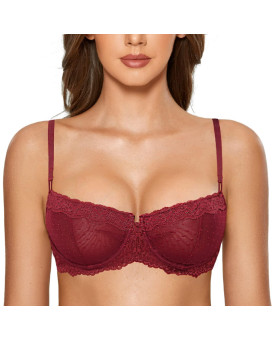 Dobreva Womens Sexy Lace Bra Underwire Balconette Unlined Demi Sheer Plus Size Dark Red 34A