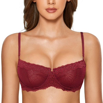 Dobreva Womens Sexy Lace Bra Underwire Balconette Unlined Demi Sheer Plus Size Dark Red 34A