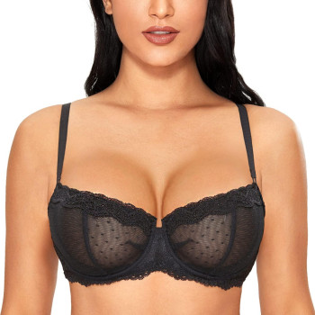 Dobreva Womens Sexy Lace Bra Underwire Balconette Unlined Demi Sheer Plus Size Black 32C