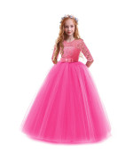 Flower Girl Long Princess Dress Vintage Lace Maxi Gown Kids Formal Wedding Bridesmaid Pageant Tulle Dresses Little Big Girls Elegant Bowknot Dance First Communion Birthday Prom Dresses Hot Pink 9-10Y