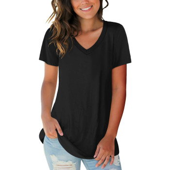 Sampeel Juniors Short Sleeve V Neck Tops Summer Casual T Shirt Solid Clothing Black L