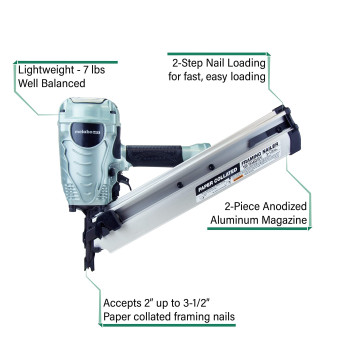 Metabo HPT Framing Nailer, 2-Inch up to 3-1/2-Inch Paper Collated Framing Nails, .113 - .148, 30 Degree Magazine, Pneumatic (NR90ADS1)