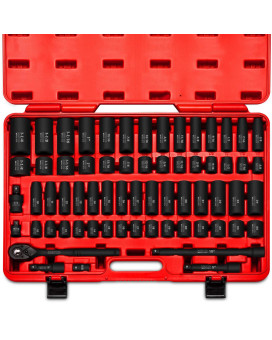 NEIKO 02448A 1/2" Drive Master Impact Socket Set, 65 Piece, Standard SAE (3/8"-1-1/4") & Metric (10-24 mm) Sizes, Deep & Shallow Kit, Includes Adapters & Ratchet Handle, 1/2 Impact Socket Set