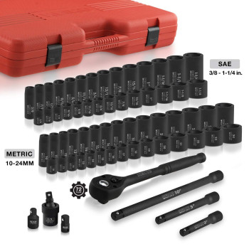 NEIKO 02448A 1/2" Drive Master Impact Socket Set, 65 Piece, Standard SAE (3/8"-1-1/4") & Metric (10-24 mm) Sizes, Deep & Shallow Kit, Includes Adapters & Ratchet Handle, 1/2 Impact Socket Set