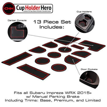 Cupholderhero Fits Subaru Wrx Accessories 2015-2021 Interior Non-Slip Anti Dust Cup Holder Inserts, Center Console Liner Mats, Door Pocket Liners 13-Pc Set (Manual Parking Brake) (Red Trim)