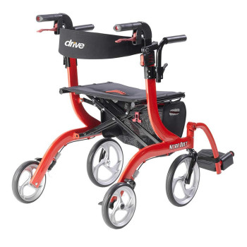 Drive Medical Nitro Duet Dual Function Transport Wheelchair and Rollator Rolling Walker, Red