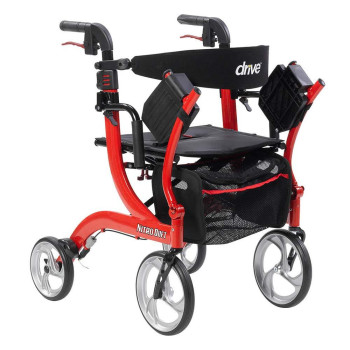 Drive Medical Nitro Duet Dual Function Transport Wheelchair and Rollator Rolling Walker, Red