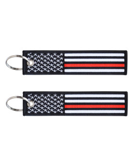 2-Pk Thin Red Line American Flag Keychain Tag With Key Ring & Carabiner - Fireman Firefighter - Keys, Cars, Motorcycles, Backpacks, Luggage, Gifts - Edc