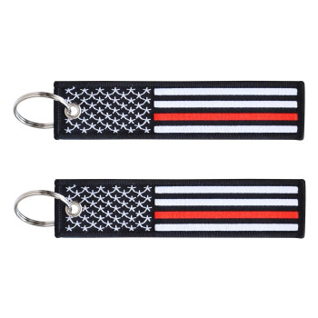 2-Pk Thin Red Line American Flag Keychain Tag With Key Ring & Carabiner - Fireman Firefighter - Keys, Cars, Motorcycles, Backpacks, Luggage, Gifts - Edc