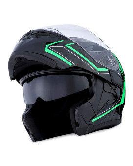 1Storm Motorcycle Modular Full Face Helmet Flip Up Dual Visor Sun Shield: Hb89 Arrow Green