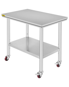 Mophorn Stainless Steel Work Table 36x24 Inch with 4 Wheels Commercial Food Prep Worktable with Casters Heavy Duty Work Table for Commercial Kitchen Restaurant