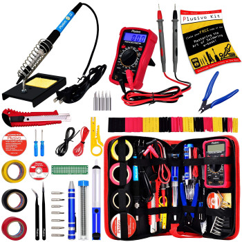 Soldering Iron Kit - Soldering Iron 60W Adjustable Temperature, Digital Multimeter, 5pcs Soldering Tips, Solder Wire, Stand, Desoldering Pump, Solder Wick, Tweezers, Paste [110V US Plug] from Plusivo