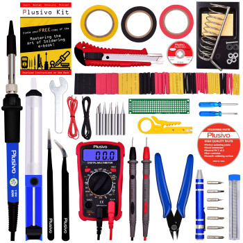 Soldering Iron Kit - Soldering Iron 60W Adjustable Temperature, Digital Multimeter, 5pcs Soldering Tips, Solder Wire, Stand, Desoldering Pump, Solder Wick, Tweezers, Paste [110V US Plug] from Plusivo