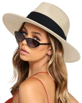 Womens Wide Brim Straw Panama Hat Fedora Summer Beach Sun Hat Upf Straw Hat For Women (Style Cream, M (Head Circum 221- 228))