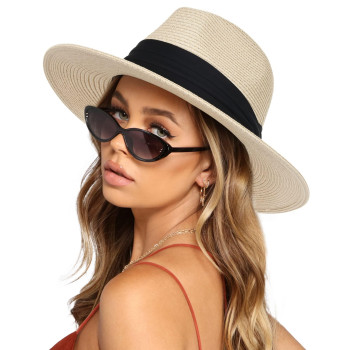 Womens Wide Brim Straw Panama Hat Fedora Summer Beach Sun Hat Upf Straw Hat For Women (Style Cream, M (Head Circum 221- 228))