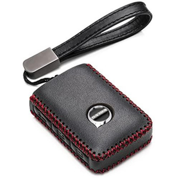 Vitodeco Genuine Leather Smart Key Fob Case Compatible With Volvo Xc40, Xc60, Xc90, S90, S60, V60, V90 2019-2023 (4-Button, Blackred)