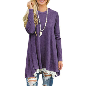 Womens Crew Neck Long Sleeve Lace Splicing Swing Shirt Dresses Long Tunic Blouses Shirts For Leggings Purple