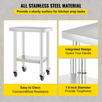 Mophorn 24x18x34 Inch Stainless Steel Work Table 3-Stage Adjustable Shelf with 4 Wheels Heavy Duty Commercial Food Prep Worktable with Brake for Kitchen Prep Work