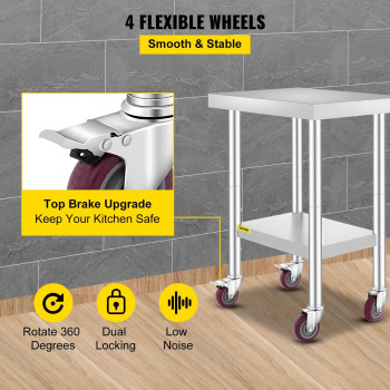 Mophorn 24x18x34 Inch Stainless Steel Work Table 3-Stage Adjustable Shelf with 4 Wheels Heavy Duty Commercial Food Prep Worktable with Brake for Kitchen Prep Work