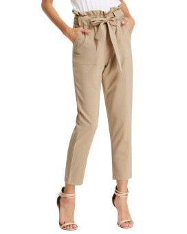 Grace Karin Women Casual Solid Bow Tie High Waist Slim Fit Jogger Pants Trousers Light Tan S
