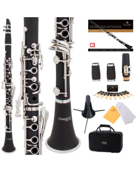Mendini By Cecilio B Flat Beginner Clarinet With 2 Barrels, Case, Stand, Book, 10 Reeds, And Mouthpiece - Bb Student Clarinet Set, Wind Woodwind Musical Instruments, Black Clarinet