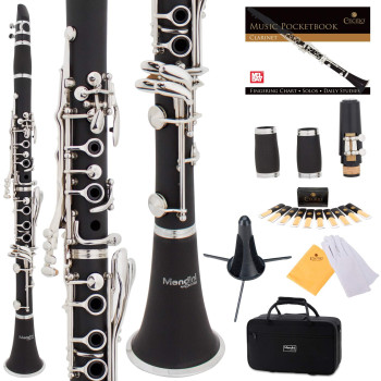 Mendini By Cecilio B Flat Beginner Clarinet With 2 Barrels, Case, Stand, Book, 10 Reeds, And Mouthpiece - Bb Student Clarinet Set, Wind Woodwind Musical Instruments, Black Clarinet