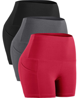 Cadmus High Waist Athletic Shorts For Womens Yoga Fitness Workout Running Shorts With Deep Pockets,3 Pack,1016,Black Grey Red,X-Large