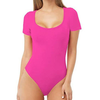 Mangdiup Womens Scoop Neck T Shirts Basic Bodysuits Jumpsuits (Short Sleevee Rose Redm)