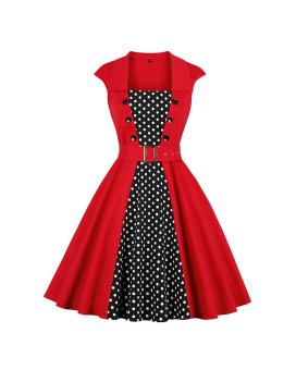 Killreal Womens Fashion Vintage Retro Stlye Patchwork Polka Dots Printed Cap Sleeve Cocktail Christmas Party Dress With Belt Red Xx-Large