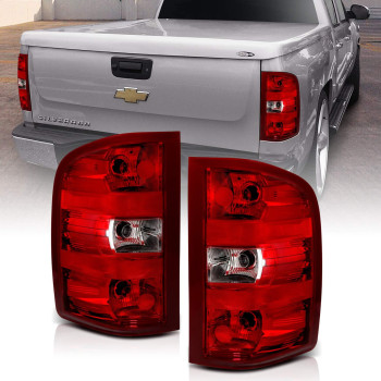 Amerilite For 2007-2014 Chevy Silverado 1500 2500 3500 Pickup Clear Red Oe Replacement Tail Light Brake Lamp Pair Wbulb And Harness - Passenger And Driver Side