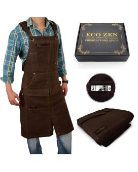 Shop Apron - 16 Oz Long Waxed Canvas Work Apron With Pockets Waterproof, Fully Adjustable To Comfortably Fit Men And Women Size S To Xxl Tough Tool Apron To Give Protection And Last A Lifetime