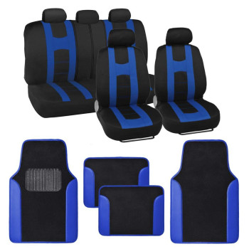 Carxs Forza Series Blue Seat Covers Full Set Combo With Car Floor Mats - Front And Rear Bench Seat Cover & Floor Mat Protector Set, Interior Covers For Auto Truck Van Suv