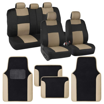 Bdk Polypro Beige Car Seat Covers Full Set With 4-Piece Car Floor Mats - Two-Tone Seat Covers For Cars With Carpet Floor Mats, Interior Covers For Auto Truck Van Suv