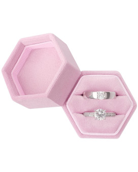 Designster Velvet Ring Box Hexagon - Premium Gorgeous Vintage Double Ring Display Holder With Detachable Lid For Proposal, Engagement, Wedding, Ceremony (Pink)