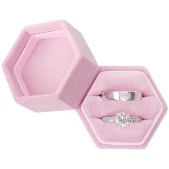 Designster Velvet Ring Box Hexagon - Premium Gorgeous Vintage Double Ring Display Holder With Detachable Lid For Proposal, Engagement, Wedding, Ceremony (Pink)