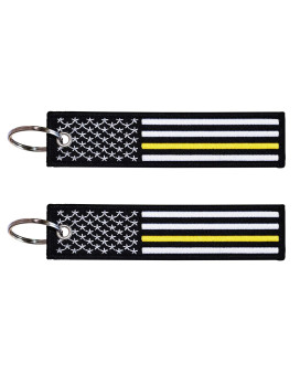 2-Pk Thin Gold Line American Flag Keychain Tag With Key Ring & Carabiner - Emergency Dispatchertow Truck Driversecurity Guard - Keys, Cars, Motorcycles, Backpacks, Luggage, Gifts - Edc